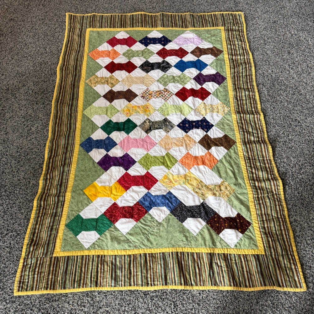 Handmade Patchwork Bow Tie Quilt‎ Multi Color Scrappy Cotton Throw Blanket